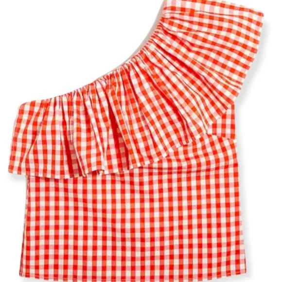 J. Crew XS Gingham Orange One Shoulder Top NWT - Picture 2 of 6